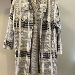Plaid Open Front Women's Sweater Coatigan - Gray & Cream